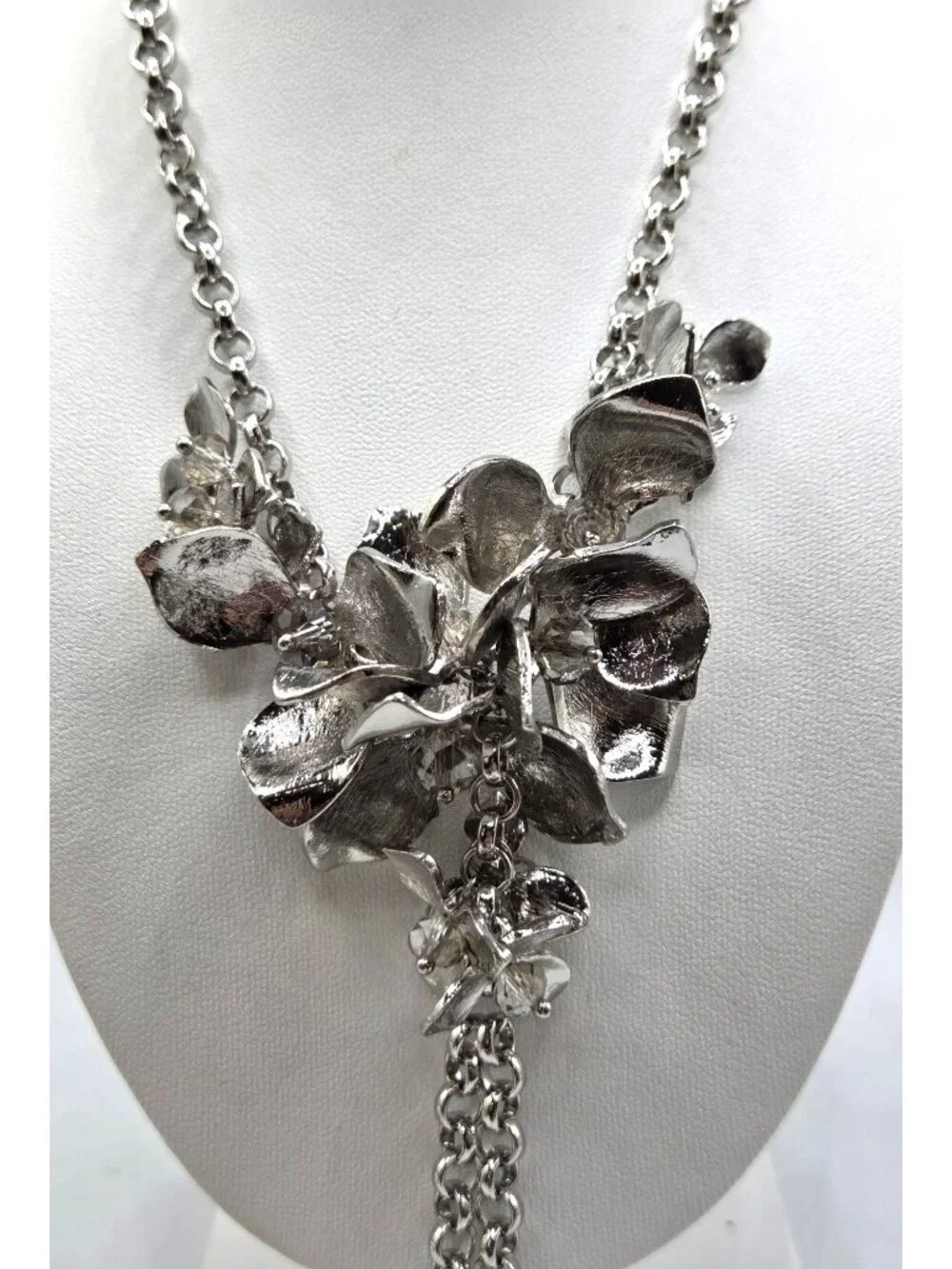Silver Tone Floral Statement Necklace With Chain Tassels & Crystal Accents